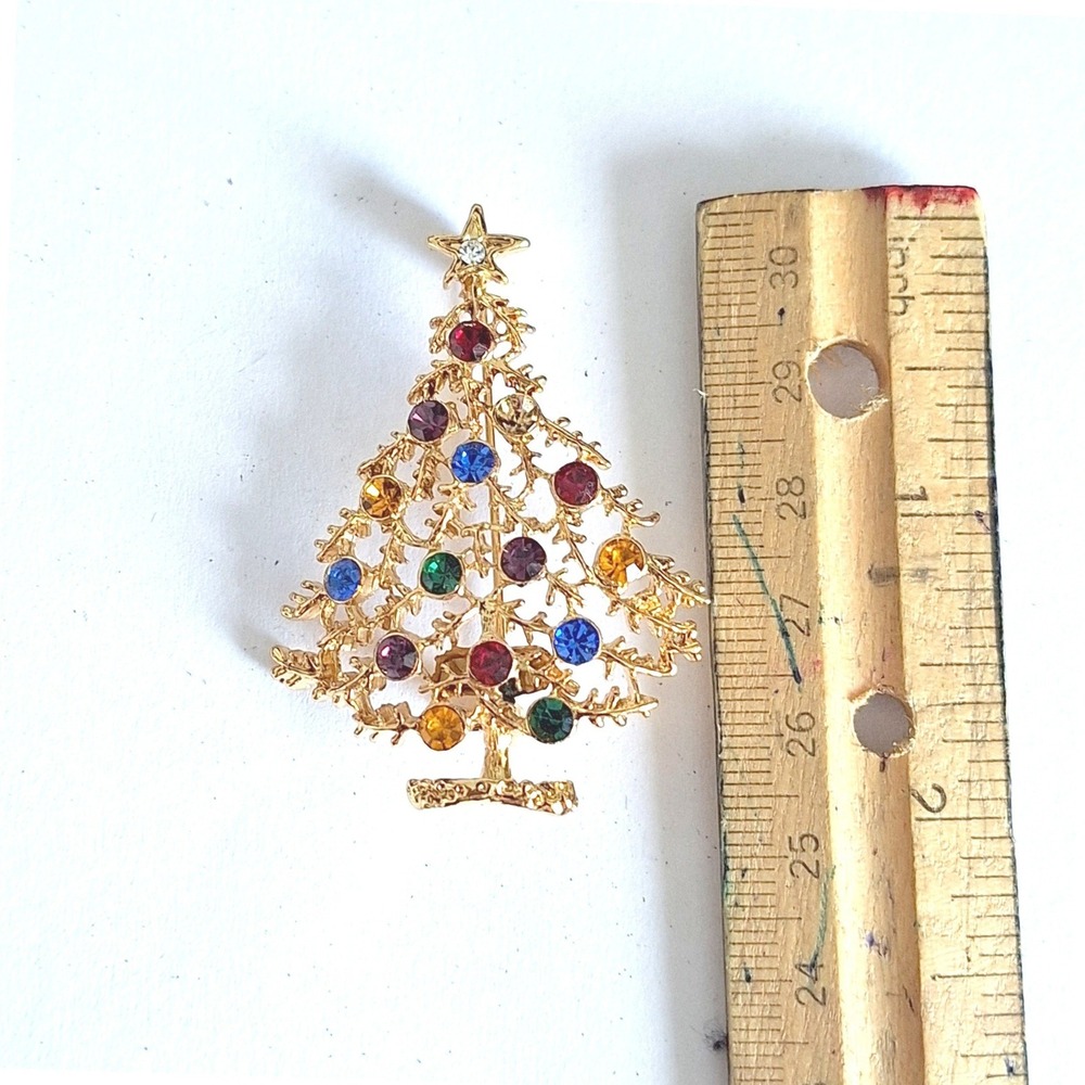 Vintage Gold Tone Eisenberg Ice Christmas Tree Brooch Multi Color Festive